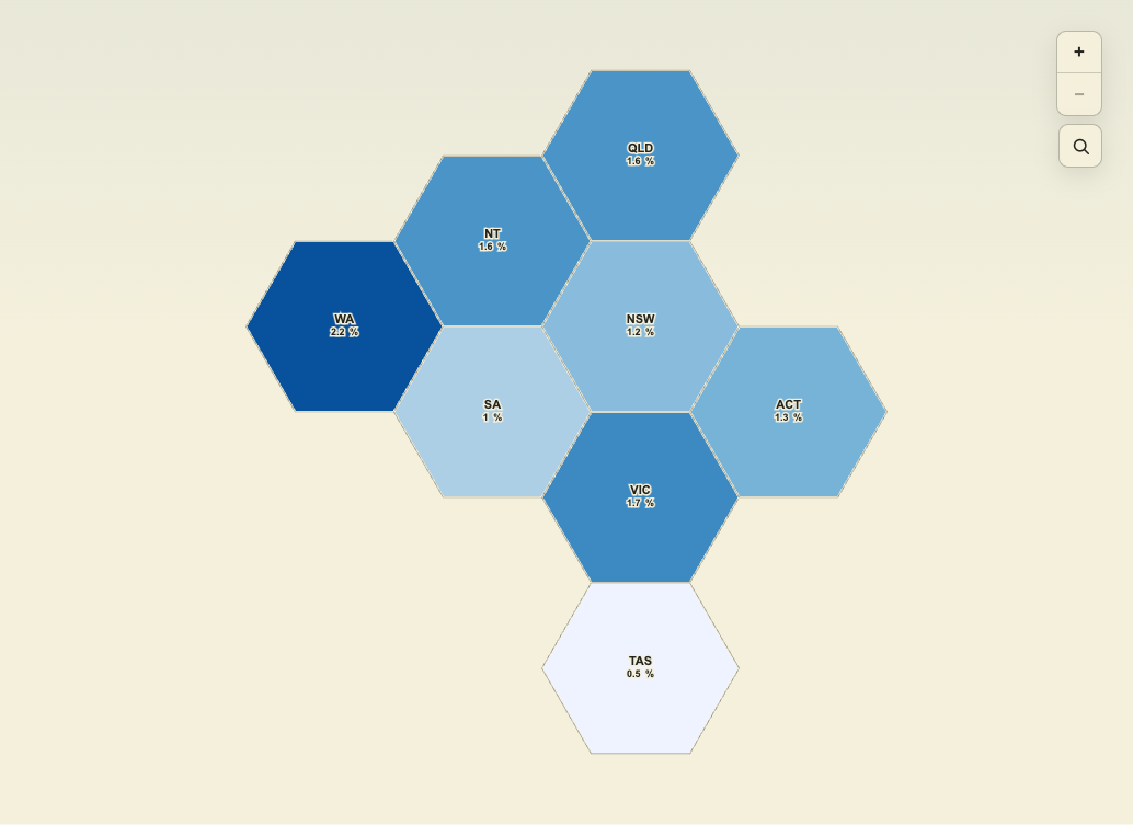 Hex tile map of Australia: Where Australia Is Growing