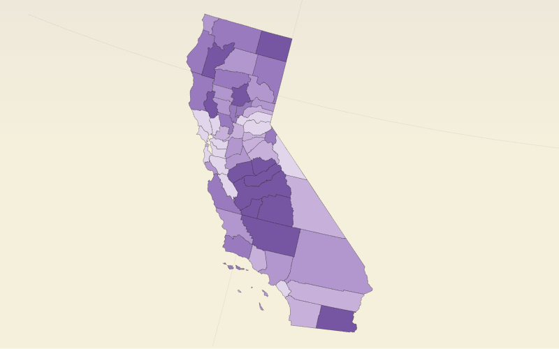 Choropleth map of U.S. counties: Poverty rates across California counties