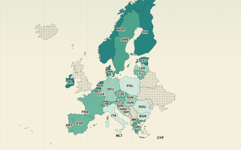 Choropleth map of Europe: Europe's AI Use