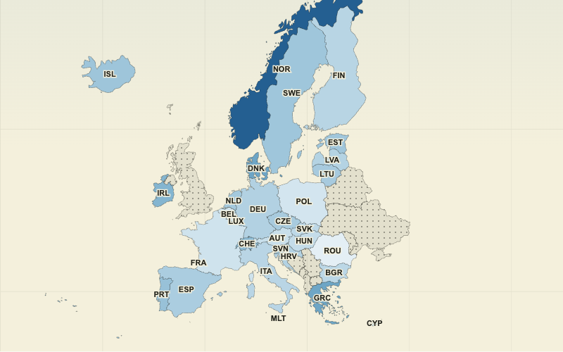 Choropleth map of Europe: Government Deficits in Europe