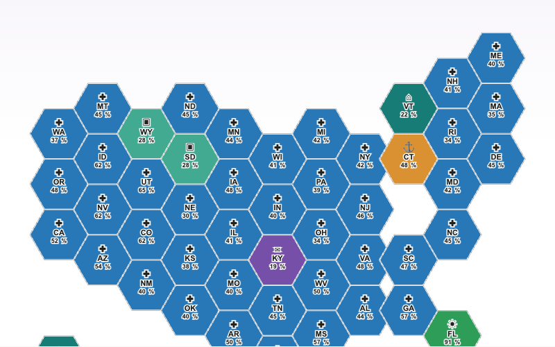 Hex tile map of U.S. states: The Fastest-Growing Job in Every State