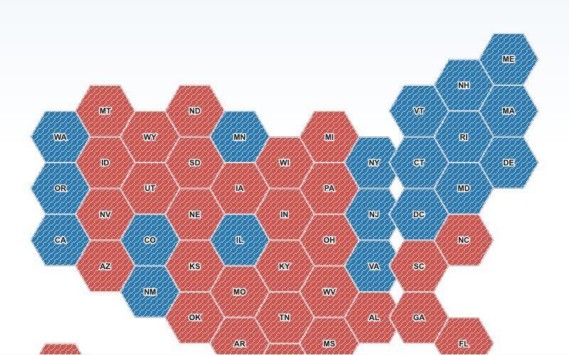 Hex tile map of U.S. states: 2024 U.S. Presidential Election