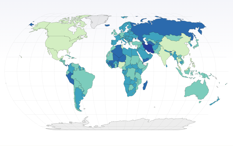 Choropleth map of World countries: Paid Vacation Days Around the World